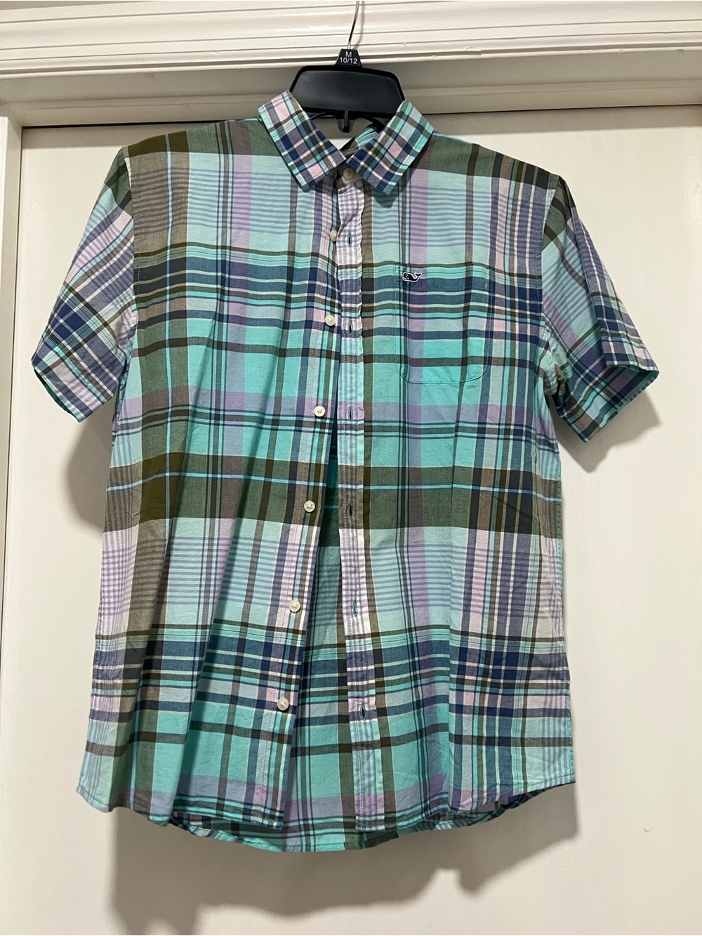 Youth XL Vineyard Vines Short Sleeve Plaid Button-Up Shirt - Mint Green & Olive